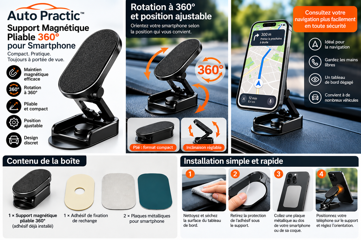 Support Magnétique Pliable 360° pour Smartphone – Auto Practic™